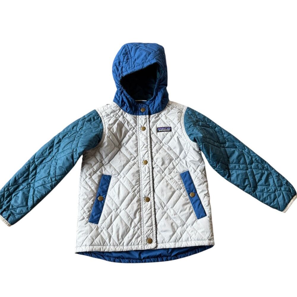 Patagonia Kids Reversible Quilted Hooded Jacket Size S (7-8) Blue Gray